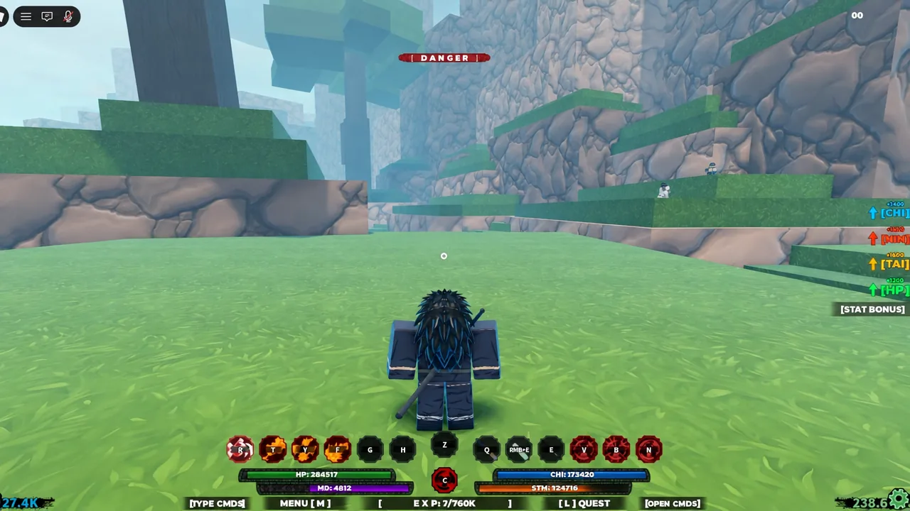 Character moving across a grassy duel arena with the red danger indicator lit