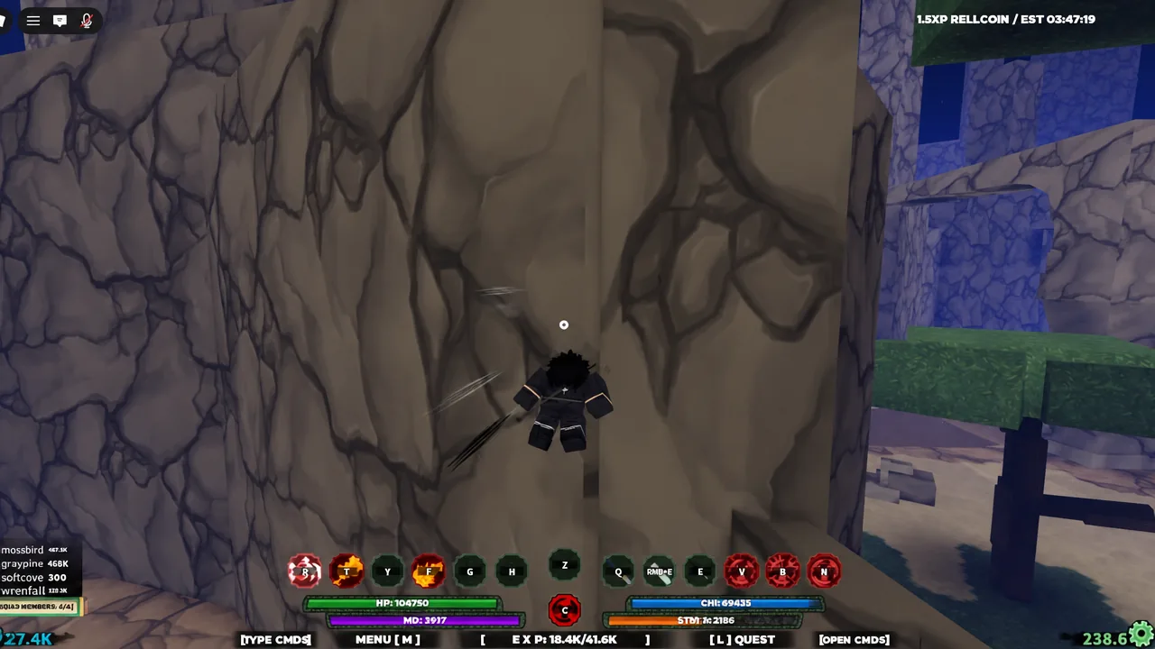 Player character moving along a rock wall with the ability hotbar and status bars on screen