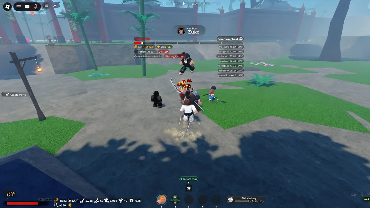 Player trading hits with Mini Boss Zuko as his health bar and damage numbers appear on screen