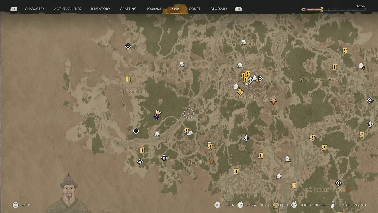 World map screen with location markers used to plan a route to nearby enemy camps
