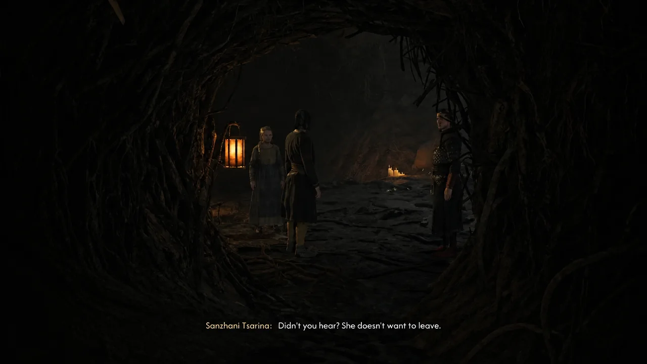 Sanzhani Tsarina arguing in the burrow with the subtitle Didn't you hear? She doesn't want to leave.