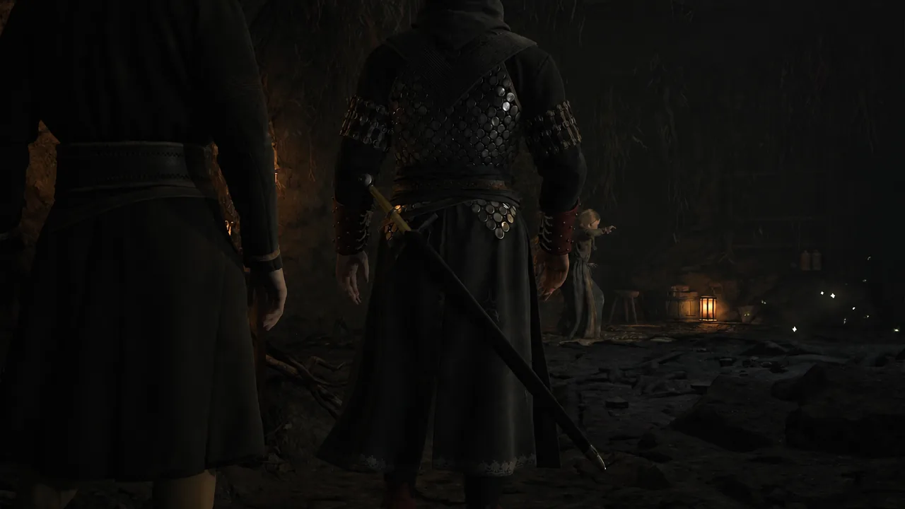 Coen and Tonis approaching a robed figure by lantern light inside the burrow