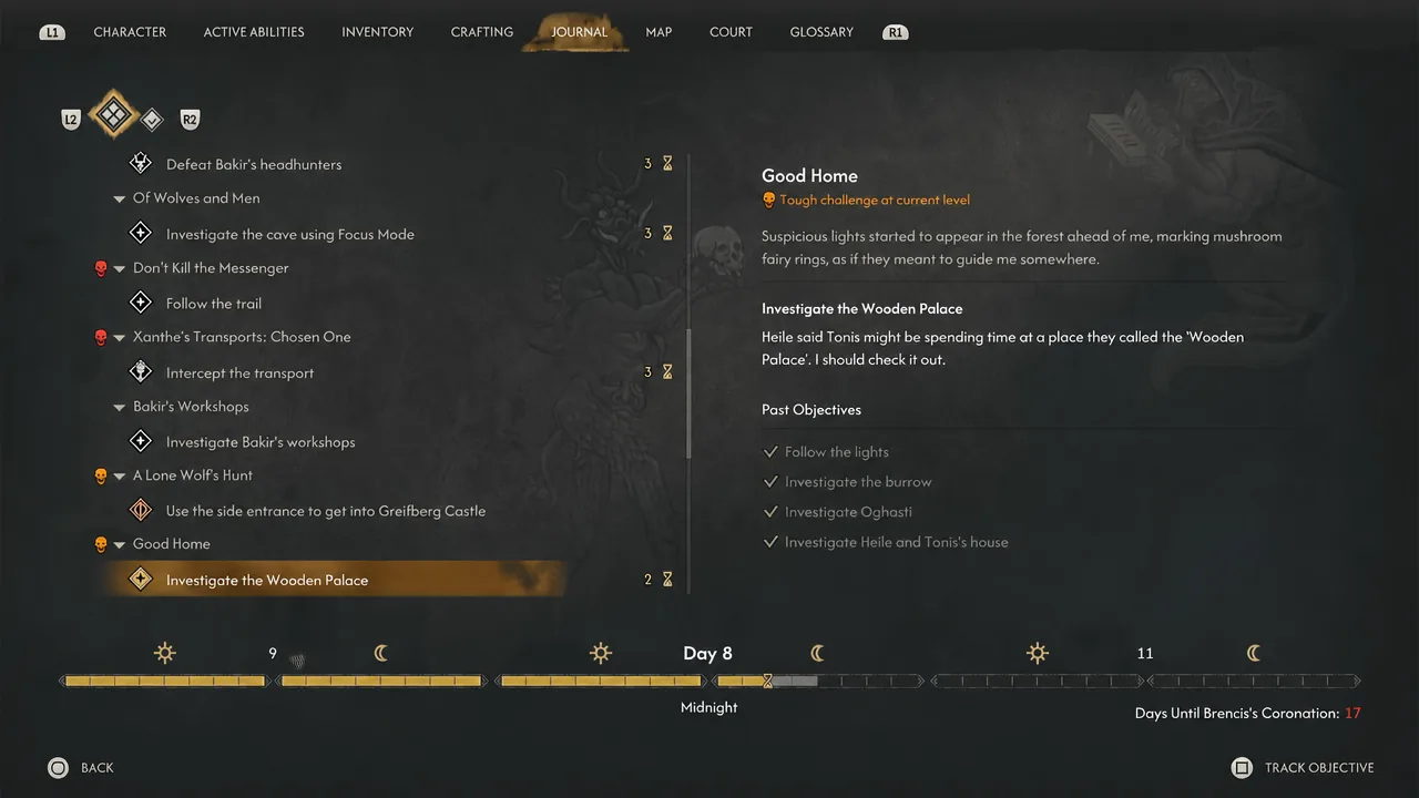 Journal screen with the Good Home objective set to Investigate the Wooden Palace