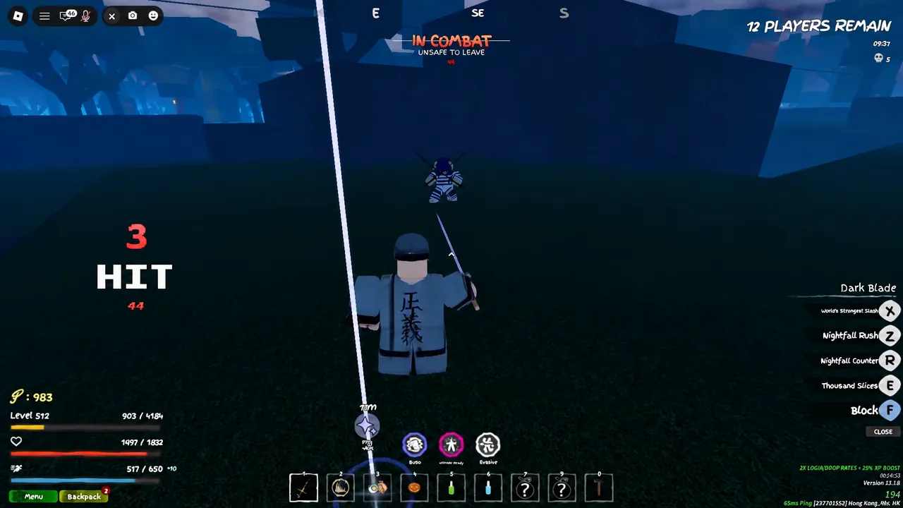 Dark Blade sword combo landing on an enemy with the ability bar and hit counter on screen