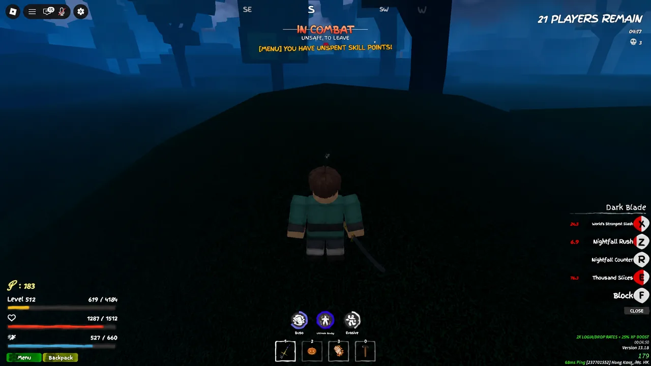 In-combat HUD showing the menu prompt and a warning that skill points are still unspent