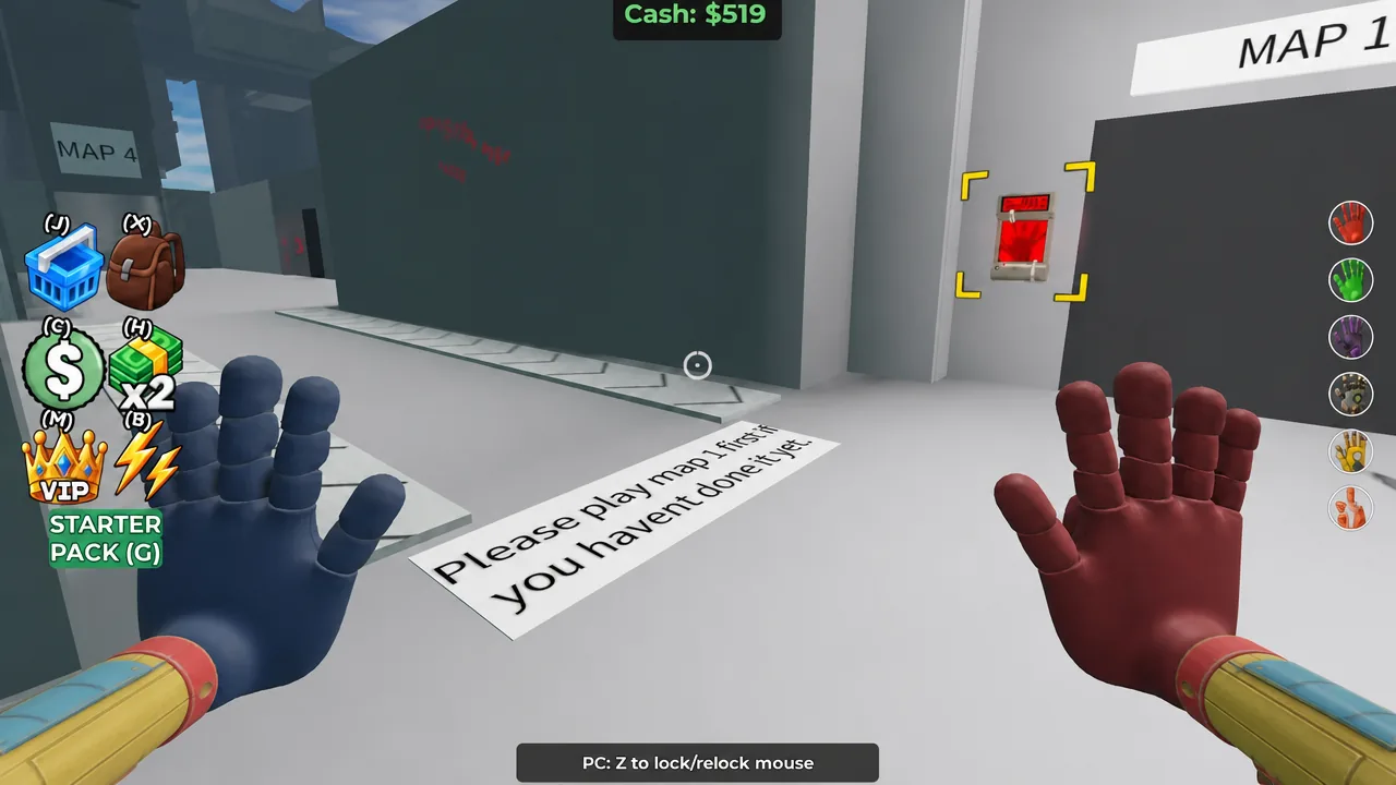 MAP 1 screen showing the highlighted red wall button as the player activates it