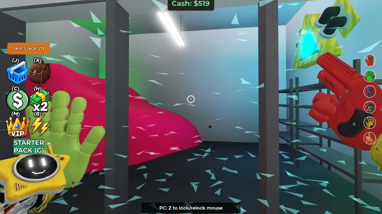 First-person view of the orange GrabPack hand aimed through shattered glass with mouse-lock text on screen