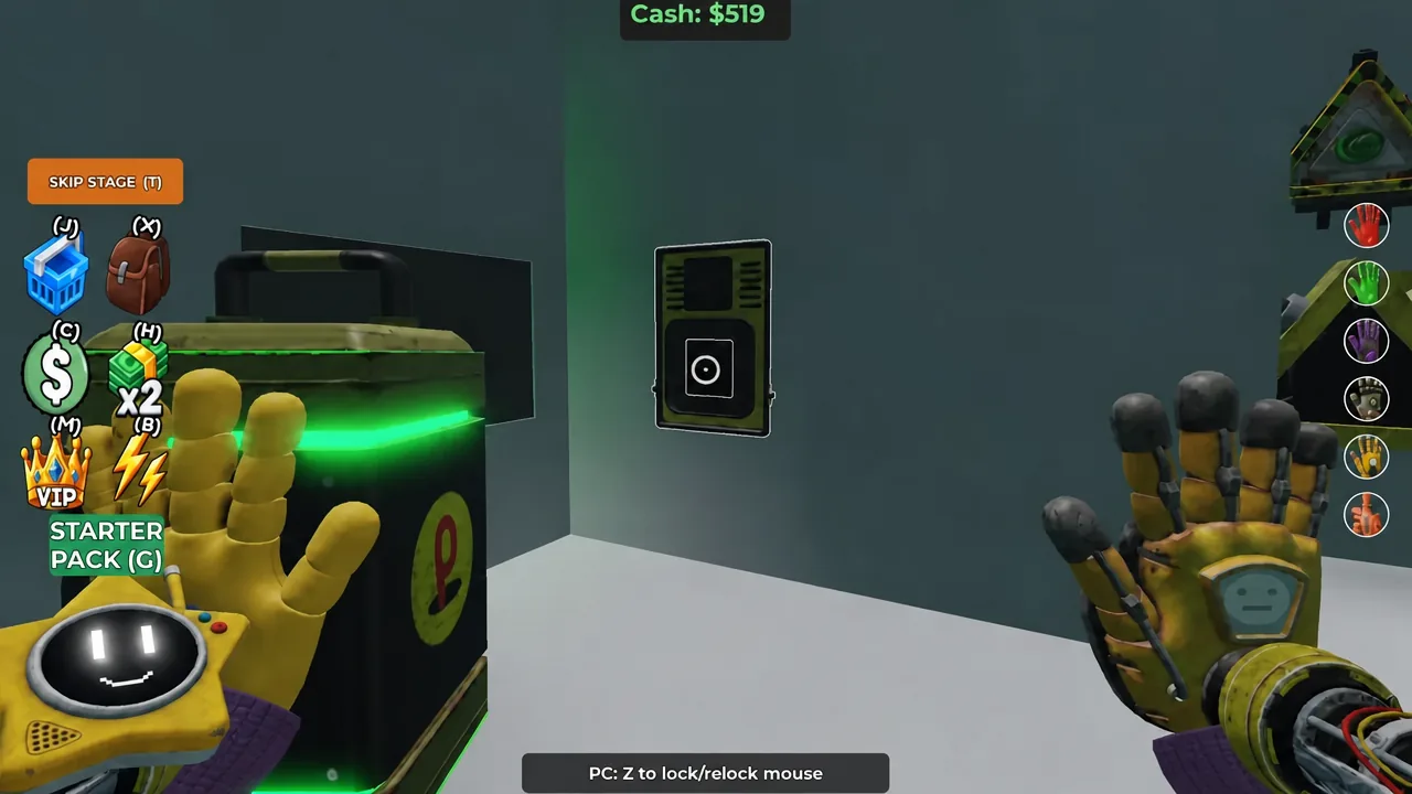 Player aiming the GrabPack hand at a wall-mounted control panel near the Map 1 exit