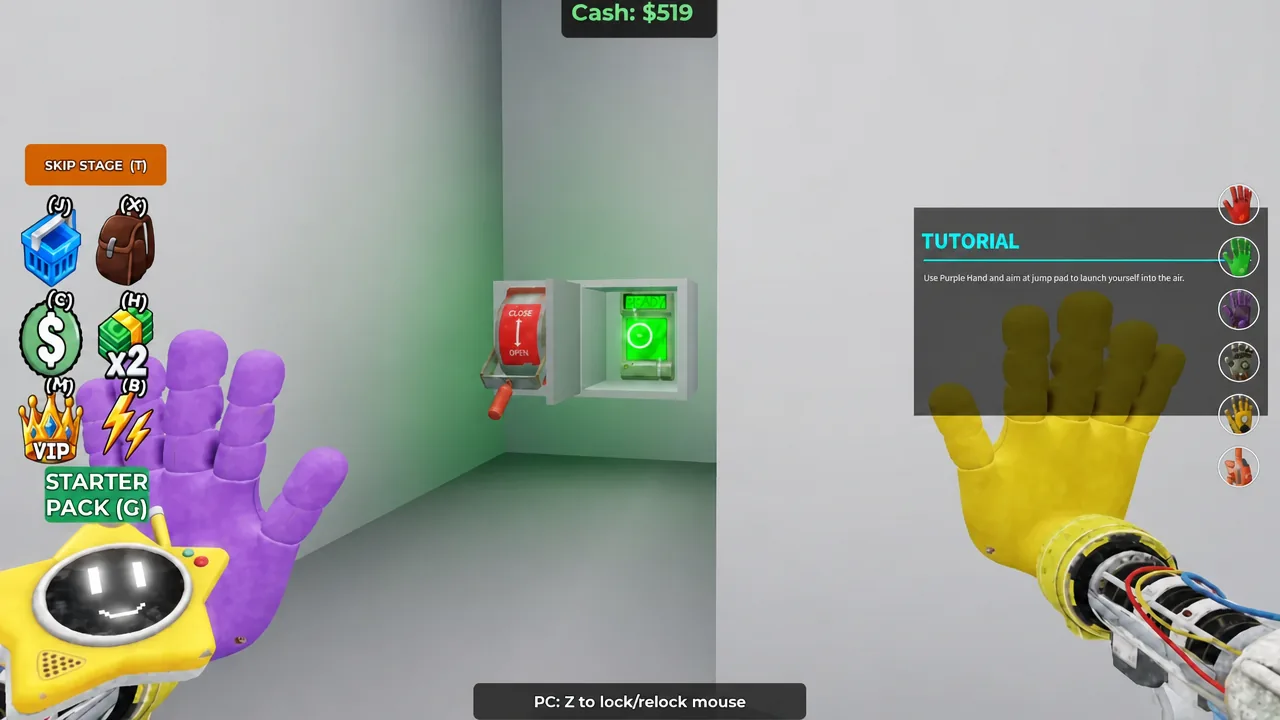 Tutorial panel telling the player to use the Purple Hand on a jump pad to launch into the air