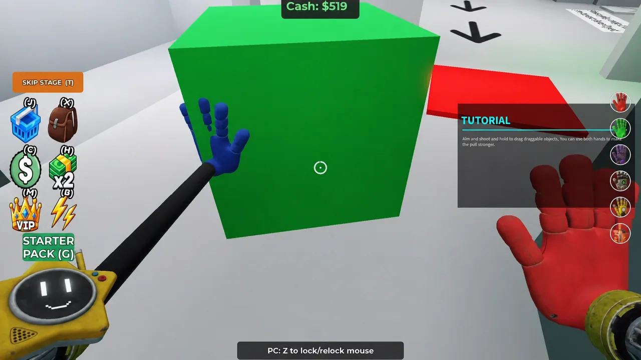 Tutorial panel explaining how to aim and shoot to drag the green block using both hands