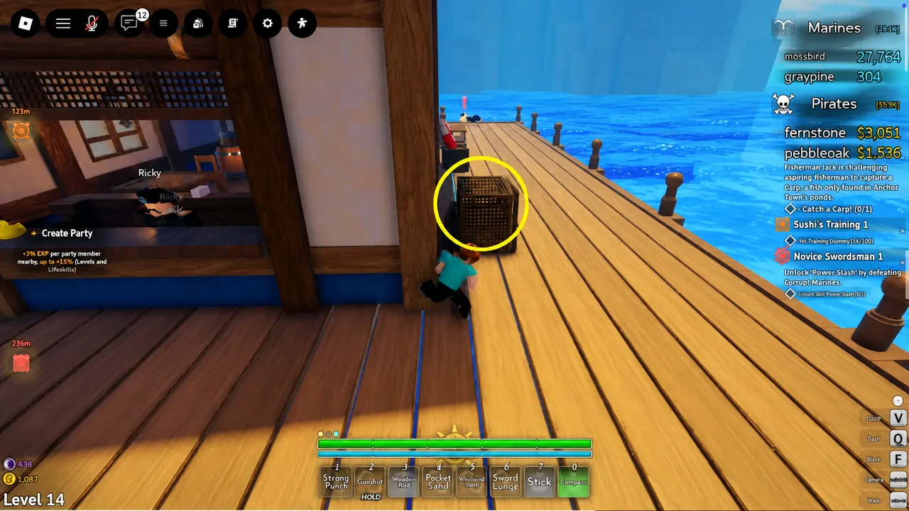 Player aiming at a highlighted basket on the Anchor Town dock near the fishing stall