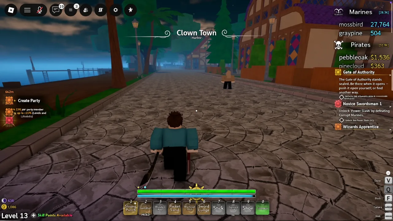 Avatar walking through the Clown Town harbor street with the hotbar and objective on screen