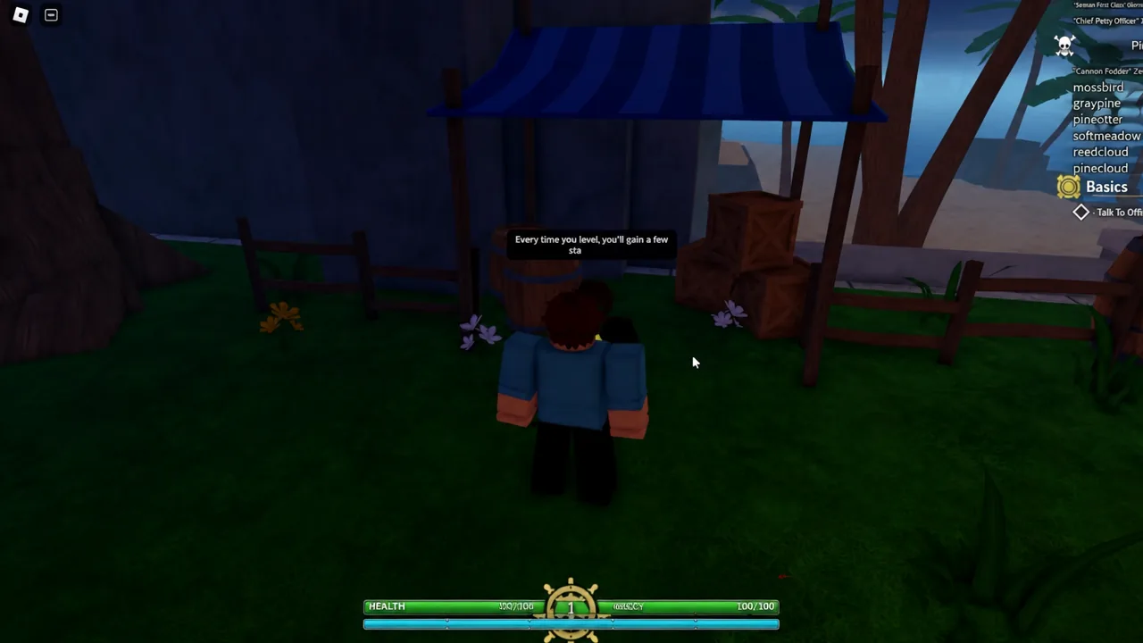 Basics screen with the Talk To Officer objective active during a level-up stats tutorial