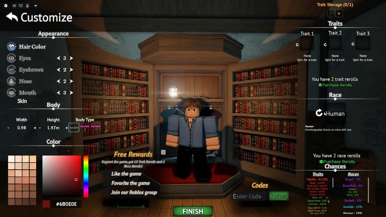 Appearance tab of the Customize menu with hair color being adjusted