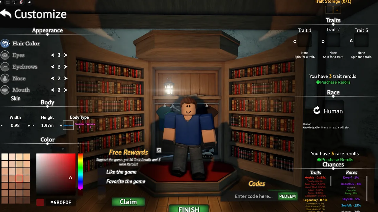 Customize Character screen with the Appearance tab open and the hair color picker showing