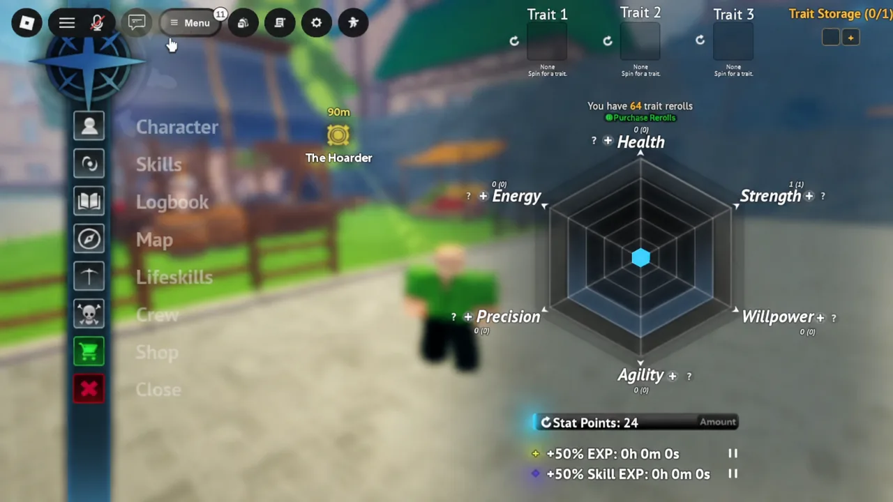 The Menu also holds the character screen with trait slots, trait storage, and reroll options.
