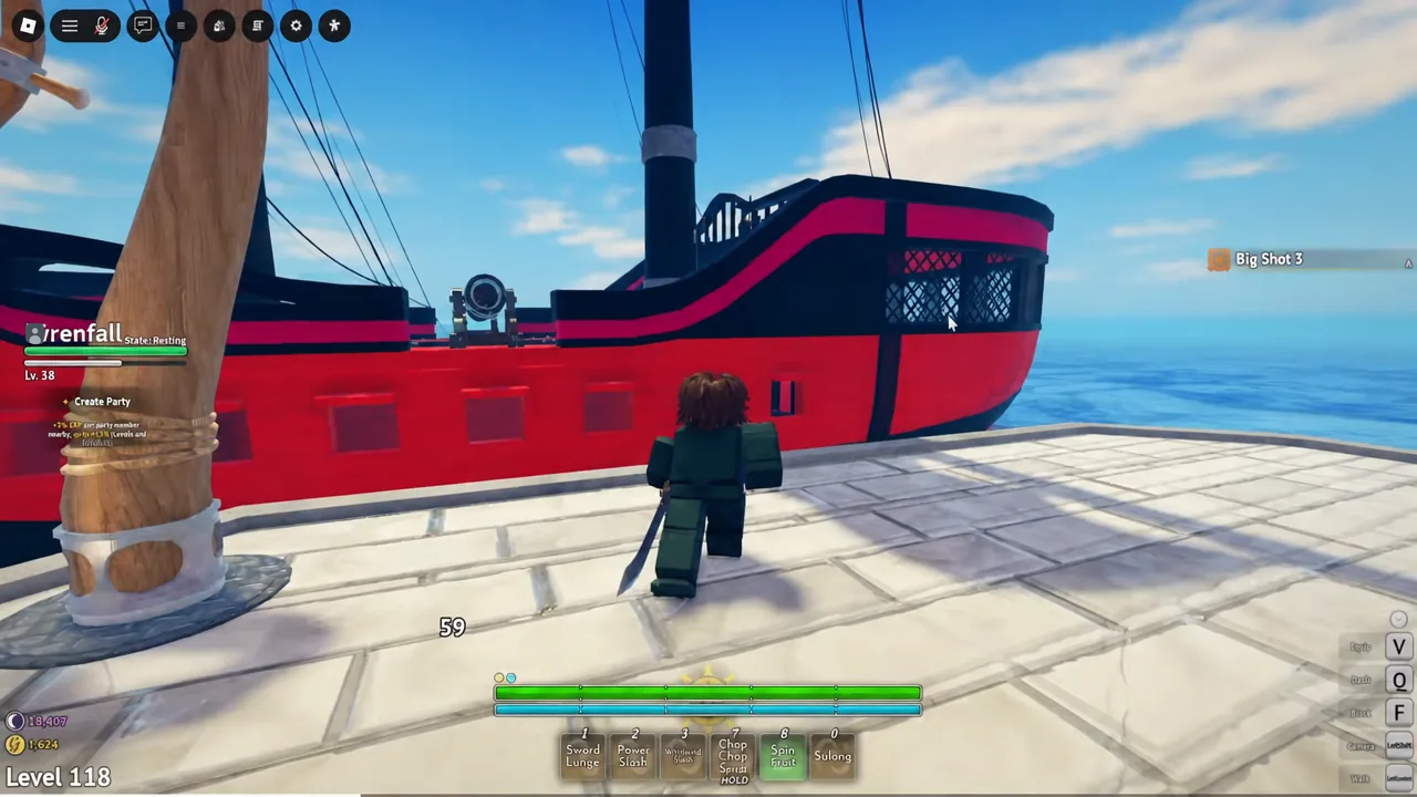 Sailing toward a red ship in Grand Blue with the Spin Fruit skill lit up on the hotbar