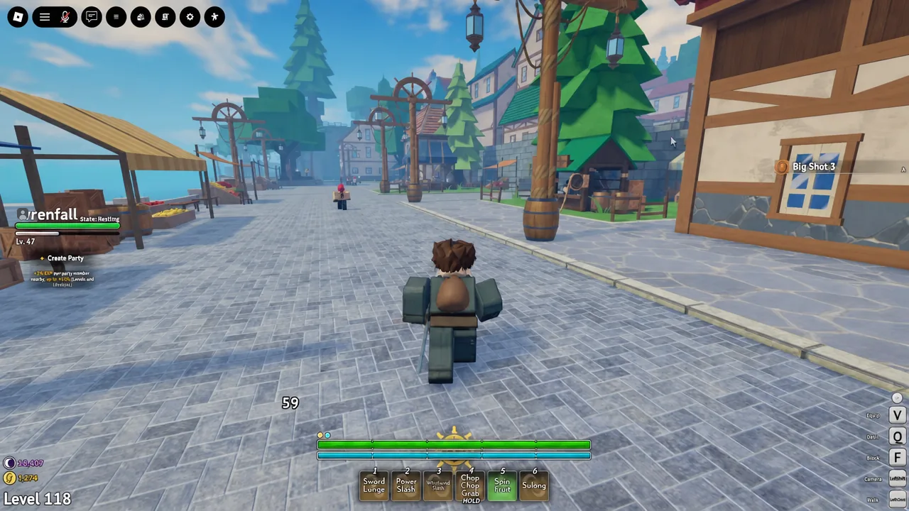 Player running through Anchor Town with the combat hotbar and health bars on screen