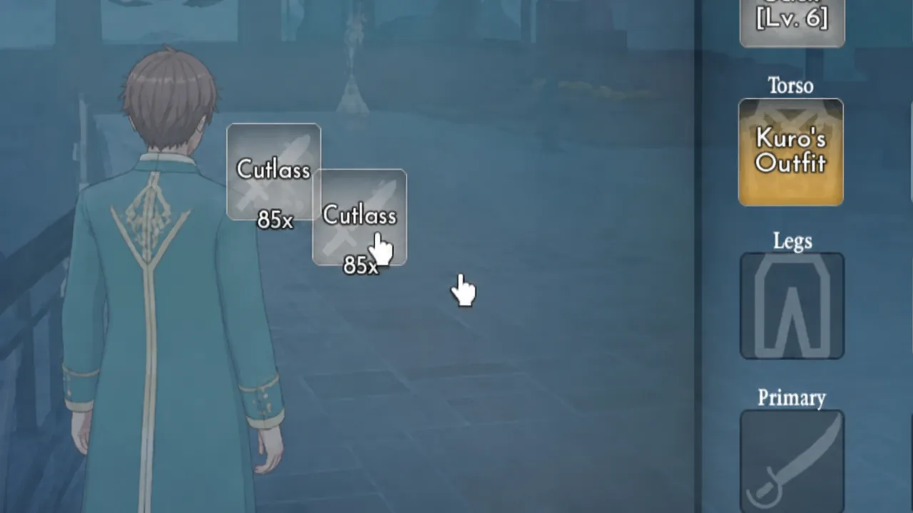 Equipment menu with the Cutlass entry highlighted, showing a stack count of 85x