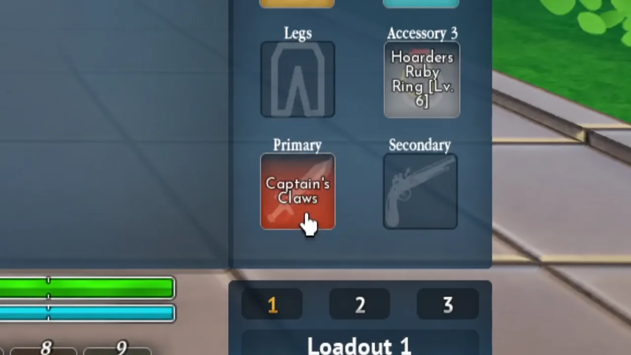 Loadout 1 screen with Captain's Claws highlighted in the Primary weapon slot