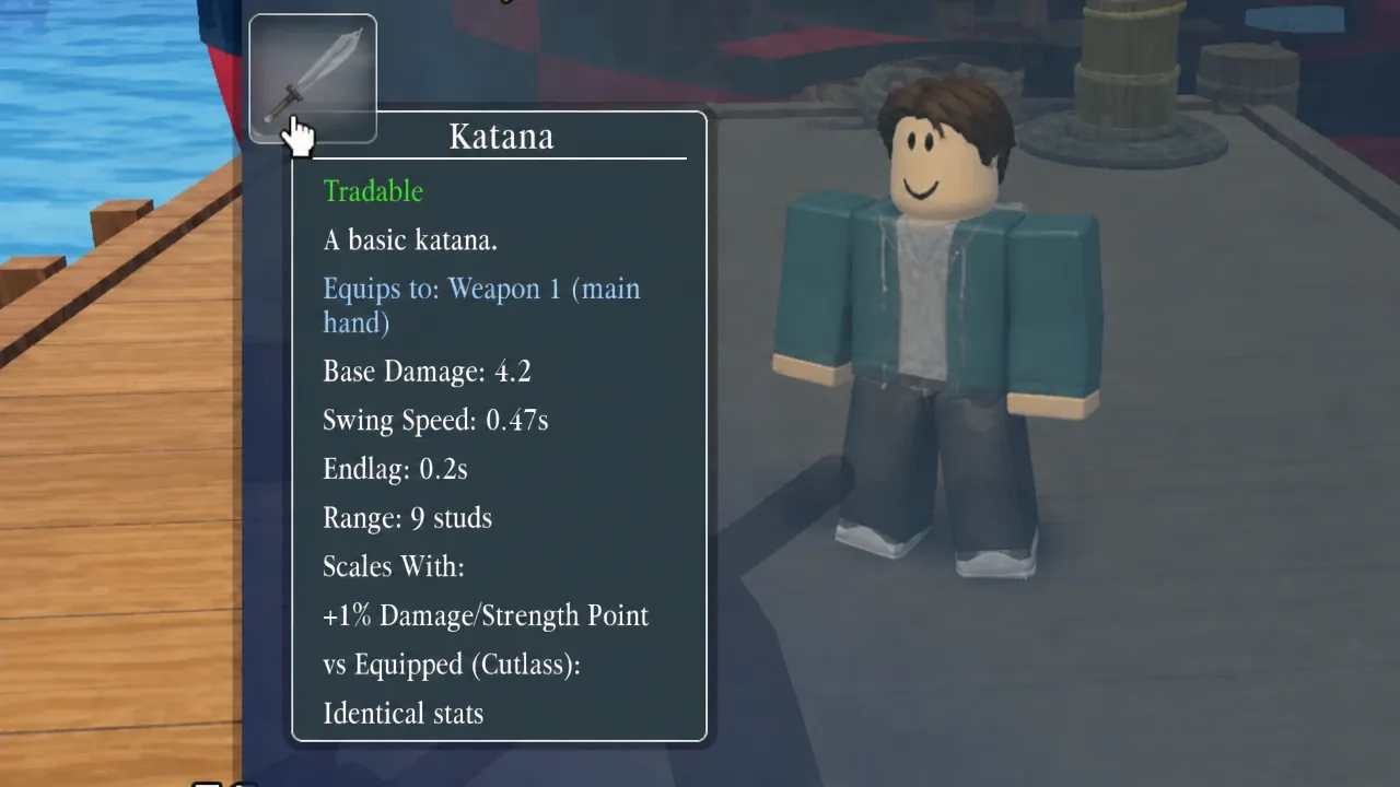 Katana tooltip open in the inventory with the cursor over the weapon icon