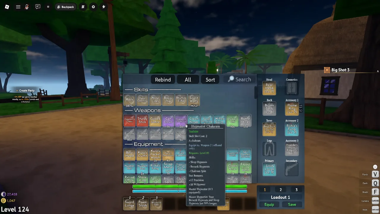 Backpack screen with the Hypnotist Chakram selected and its detail tooltip open