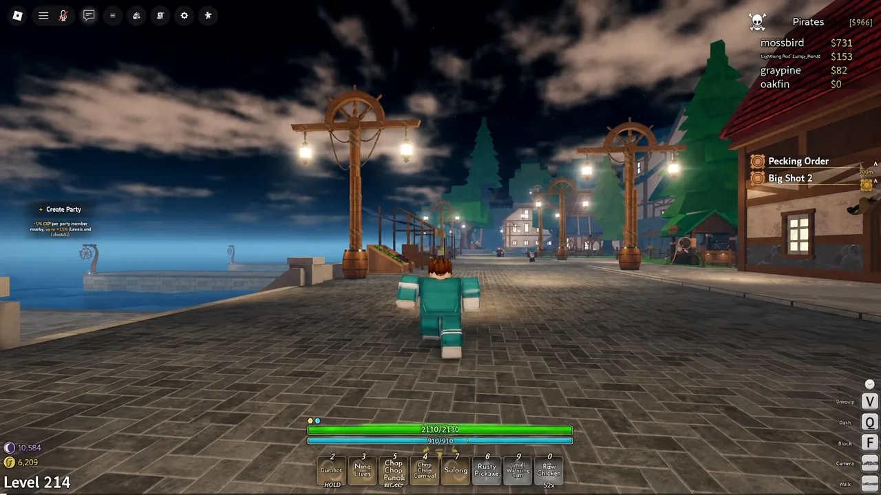 Player character running through the Anchor Town harbor at night with the quest list and hotbar on screen