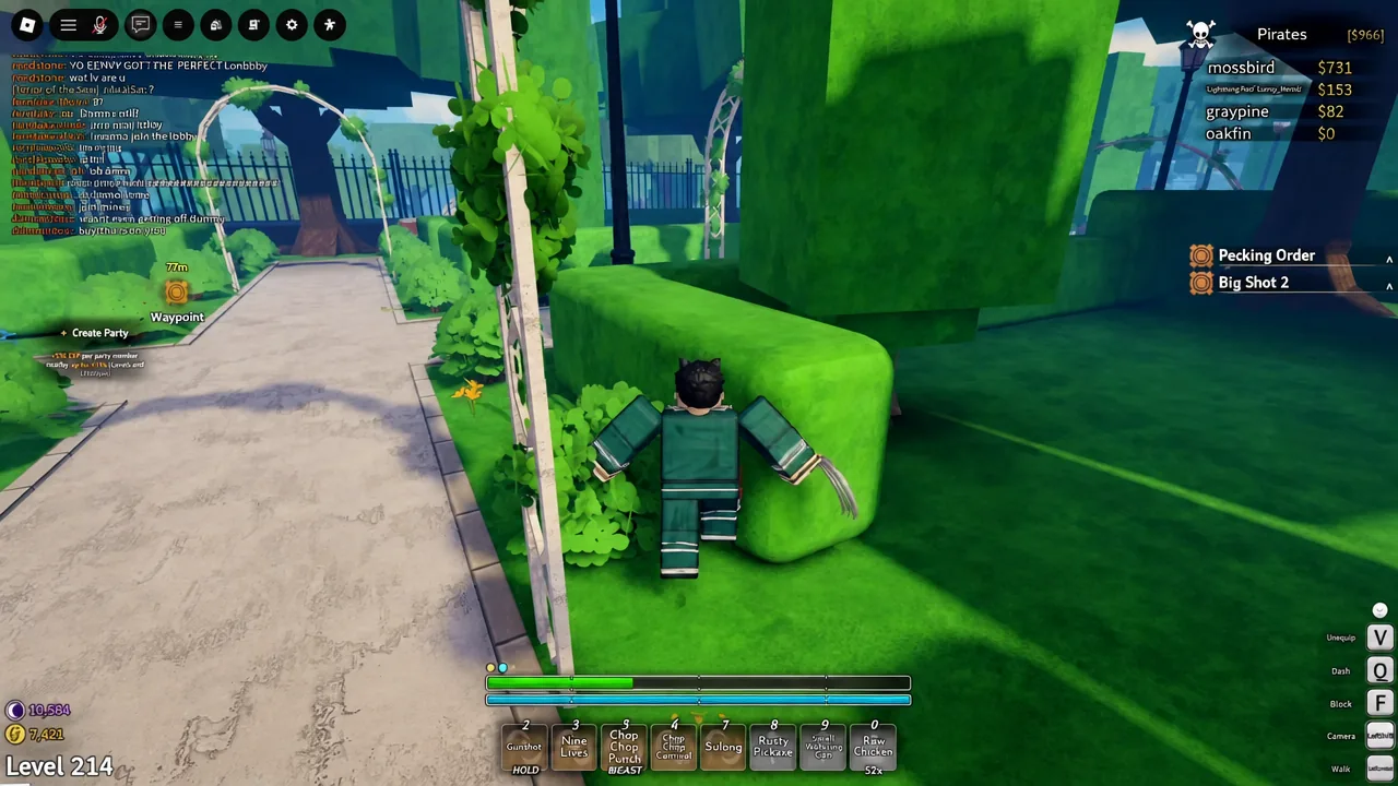 Player climbing a hedge inside the raid area with movement controls and ability hotbar visible