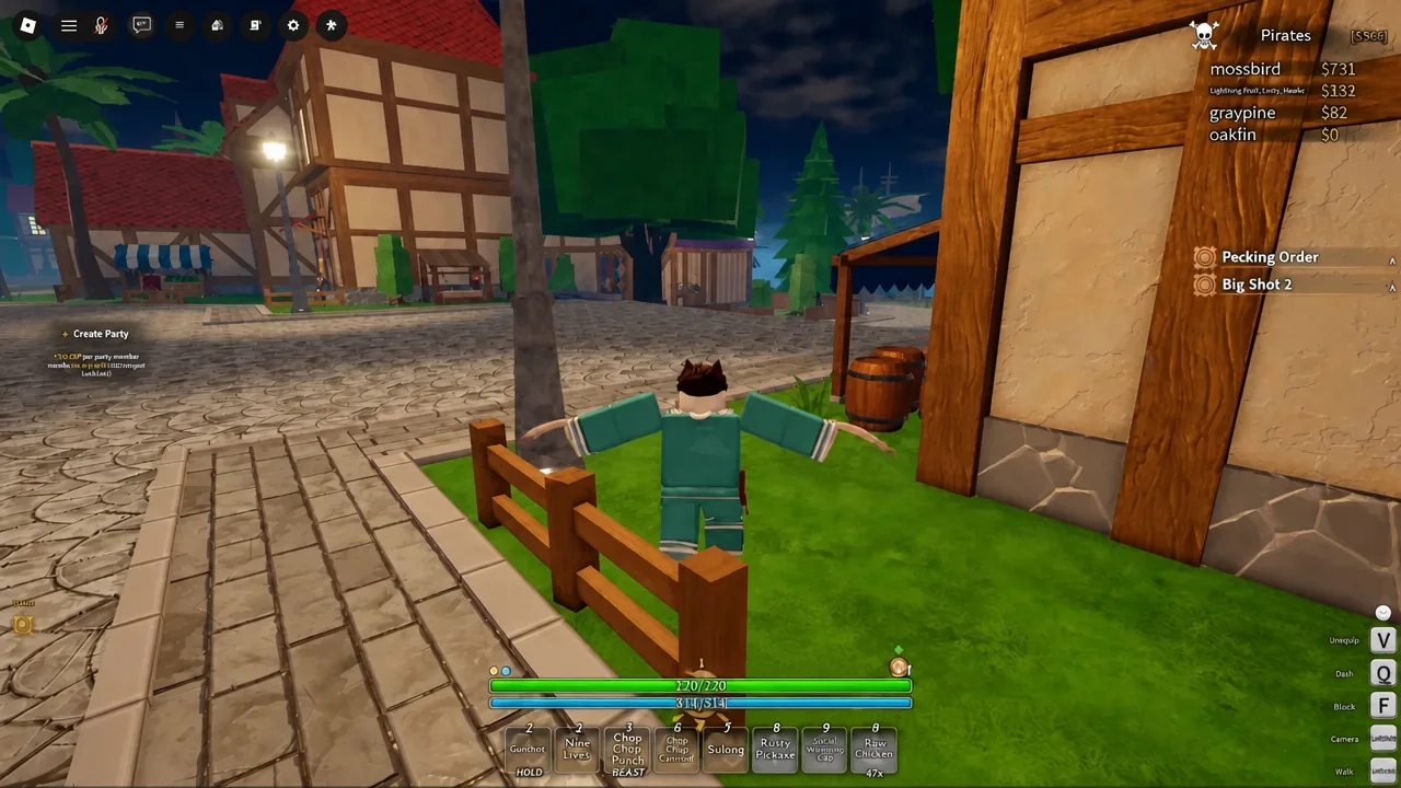 Combat in the Maple Village mansion grounds with weapon skills active on the hotbar