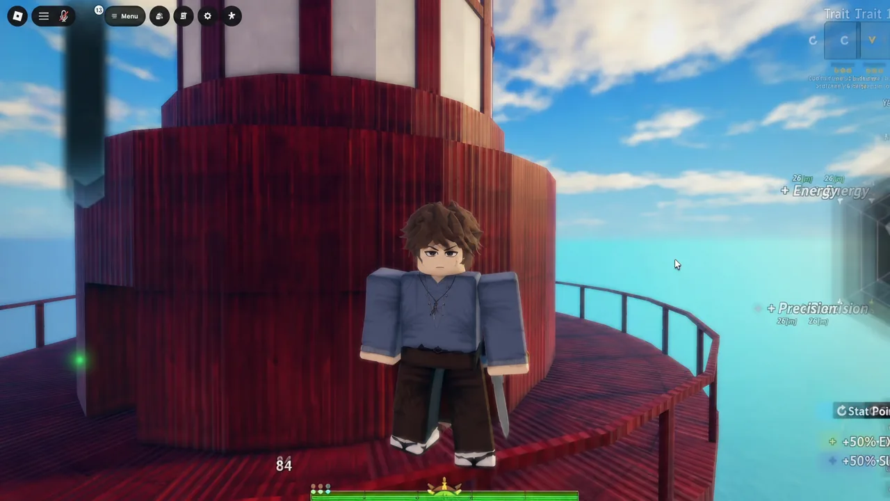 Grand Blue gameplay with the Menu button on screen, avatar standing on a lighthouse catwalk