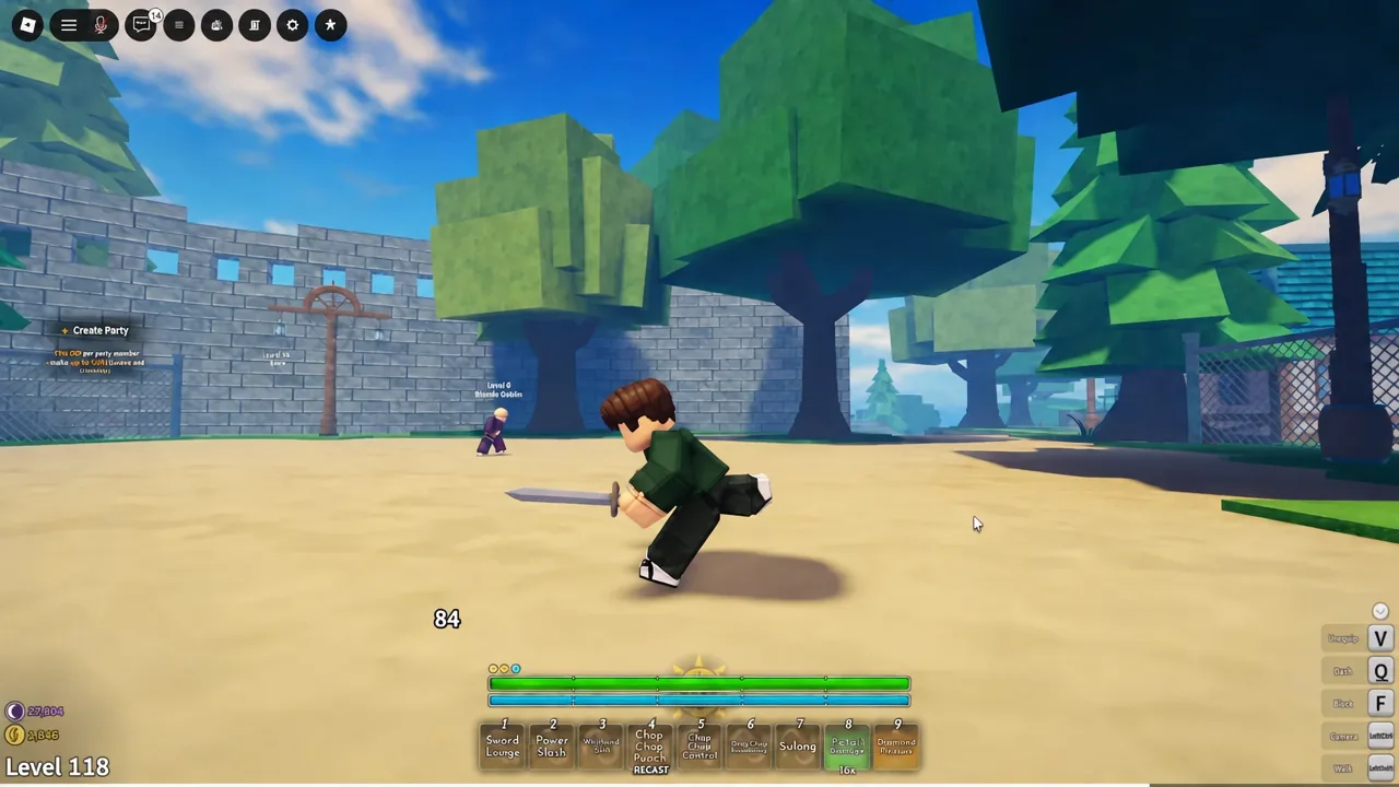 Grand Blue player casting Sword Lunge from the ability bar during combat