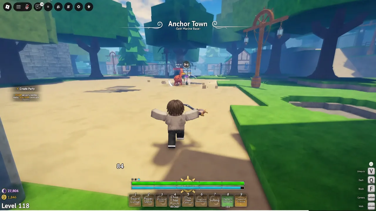 Player character in Anchor Town running toward an enemy with the combat hotbar visible