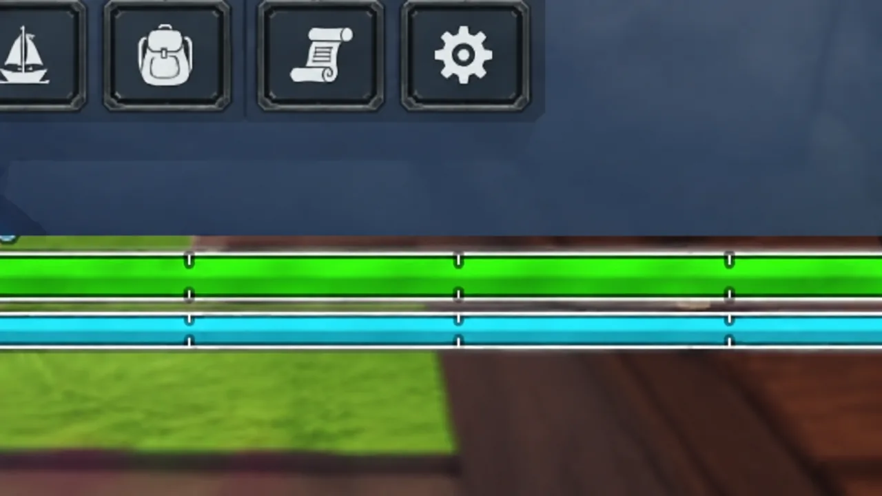 Grand Blue HUD showing navigation, inventory, log and settings buttons above green and blue status meters