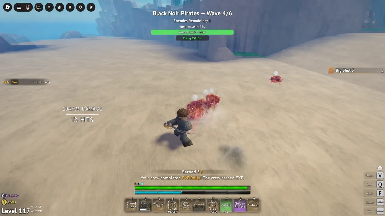 Wave 4 of 6 counter during the Black Noir Pirates raid with the player attacking a remaining enemy