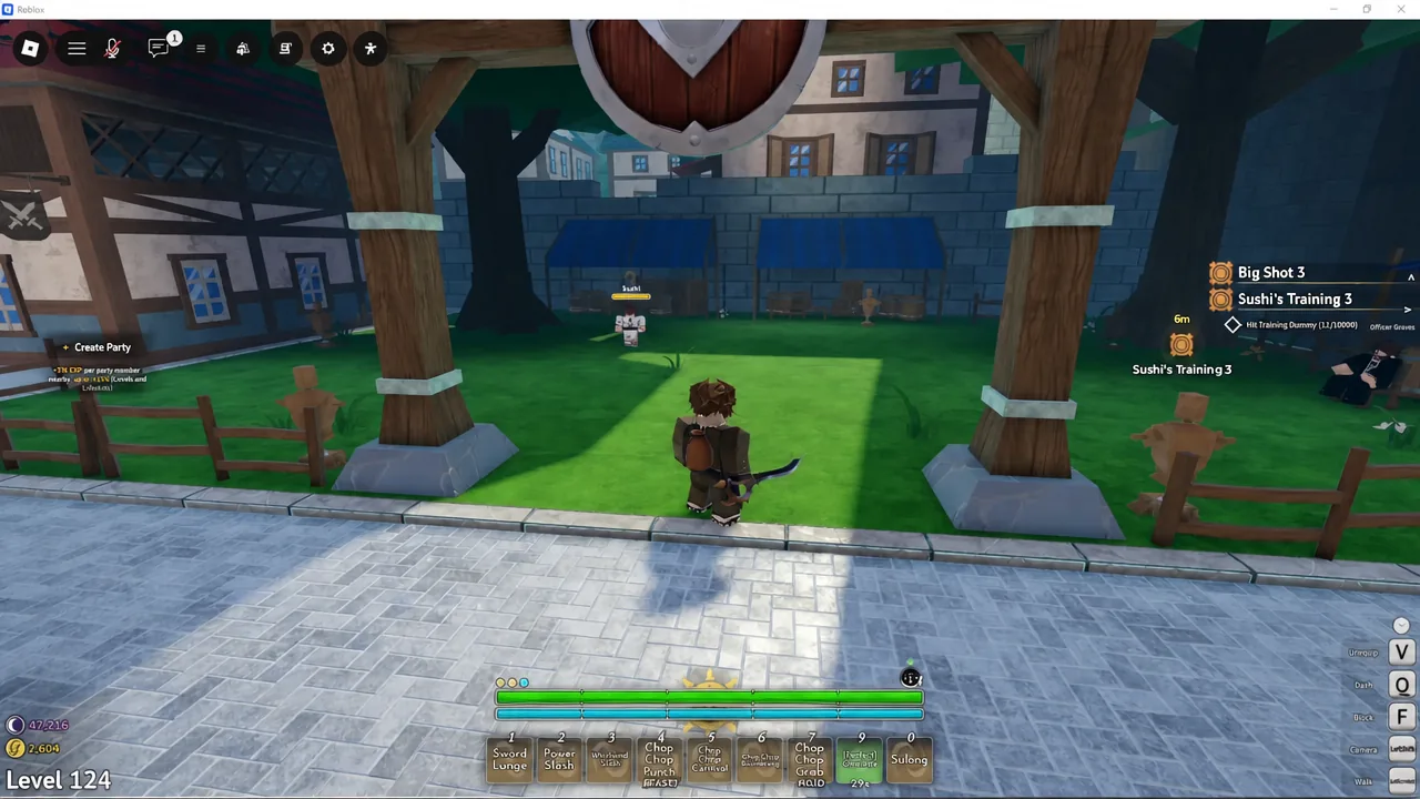 Sushi's Training 3 quest tracker showing the Hit Training Dummy objective at 1 of 1,000,000