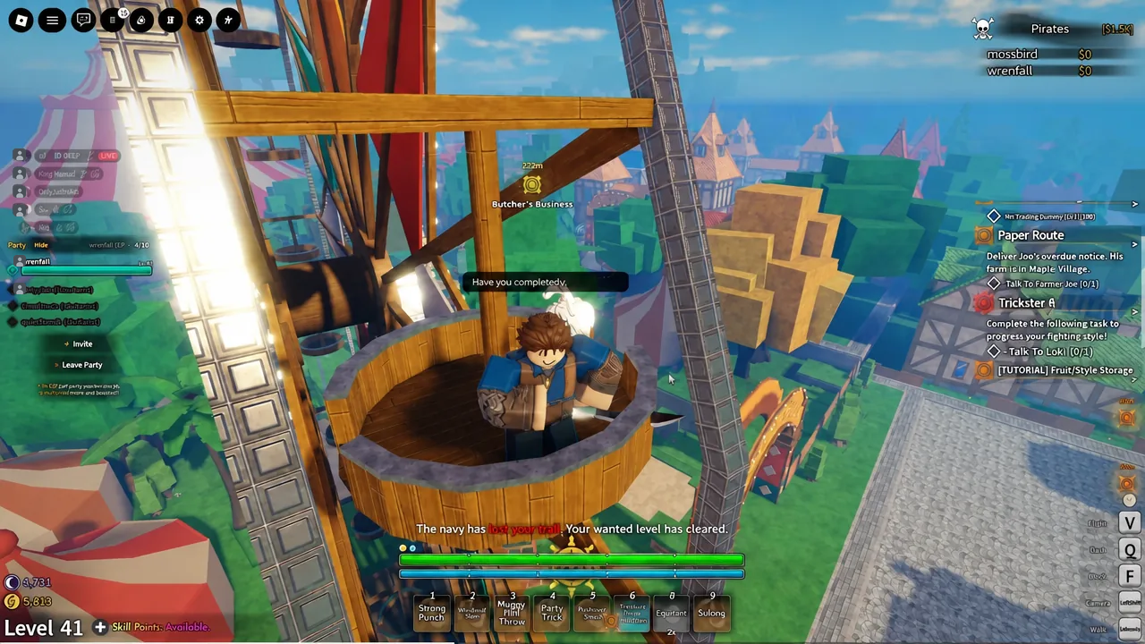 Grand Blue town area with an NPC interaction and a side quest tracker visible on the right of the screen