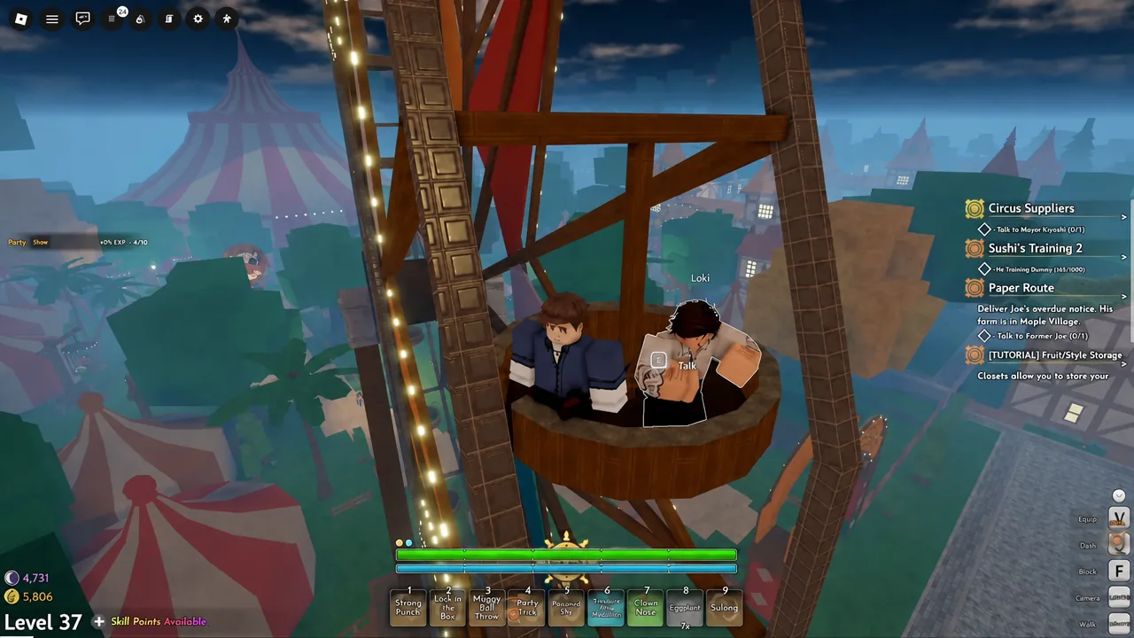 Loki seated in a Ferris wheel carriage in Clown Town with the Talk interaction prompt on screen