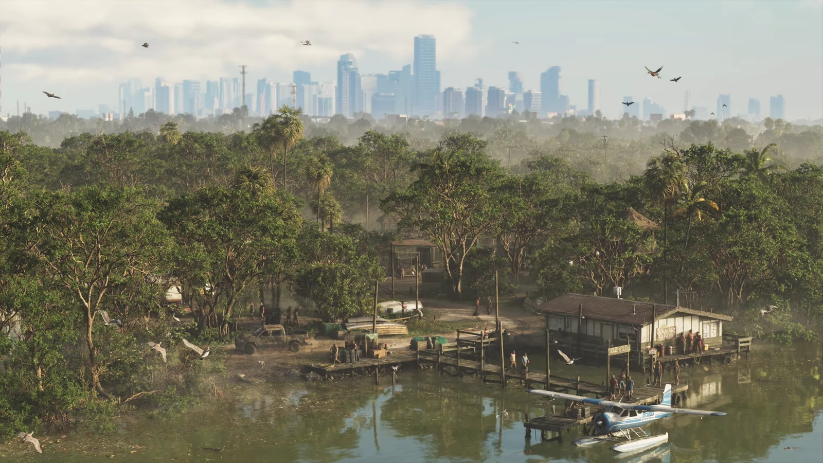 Grand Theft Auto VI scene showing Vice City at dusk