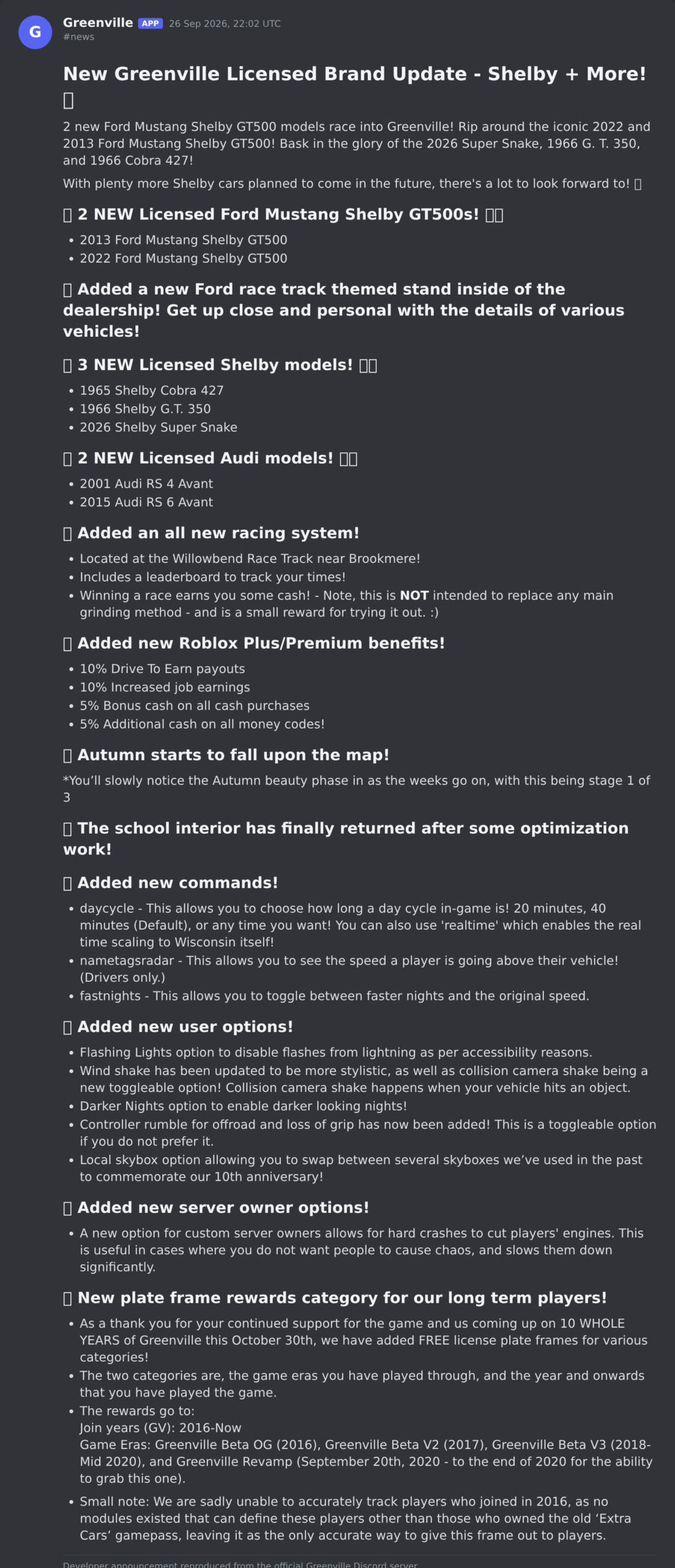 The Greenville update post in the game's Discord server
