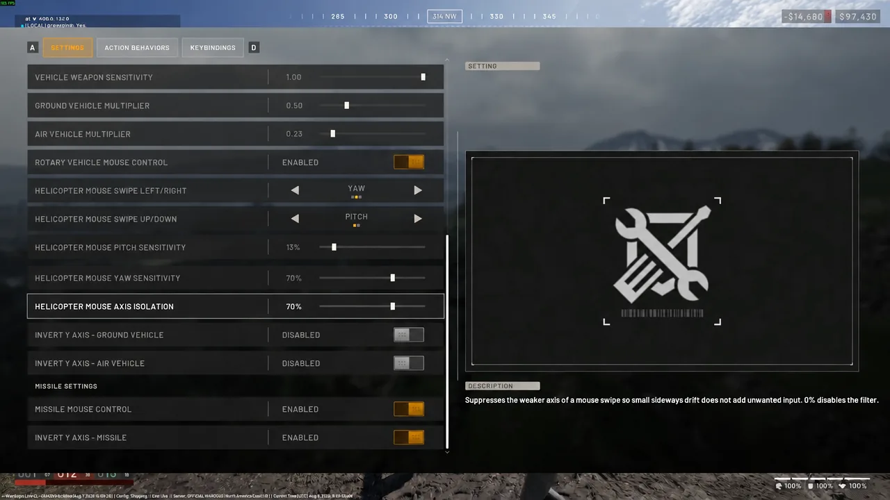 Settings menu with Helicopter Mouse Axis Isolation highlighted at 70 percent