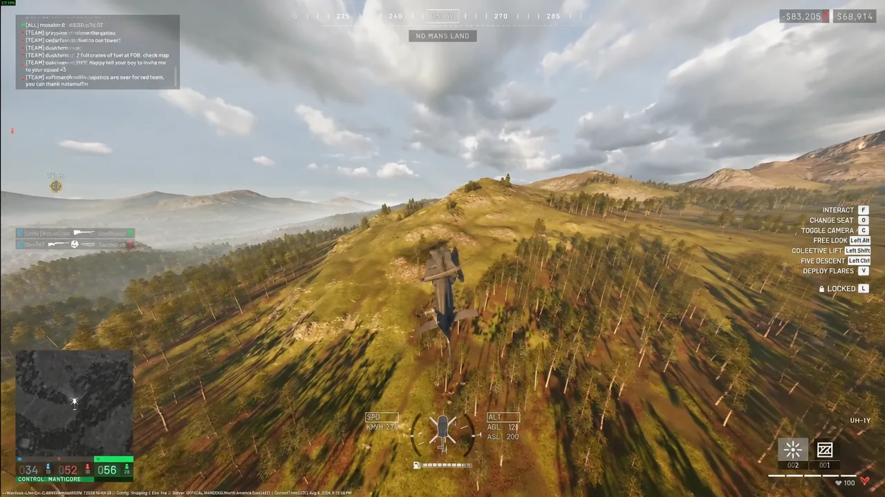 UH-1Y crossing open terrain with speed, altitude and heading on the flight HUD