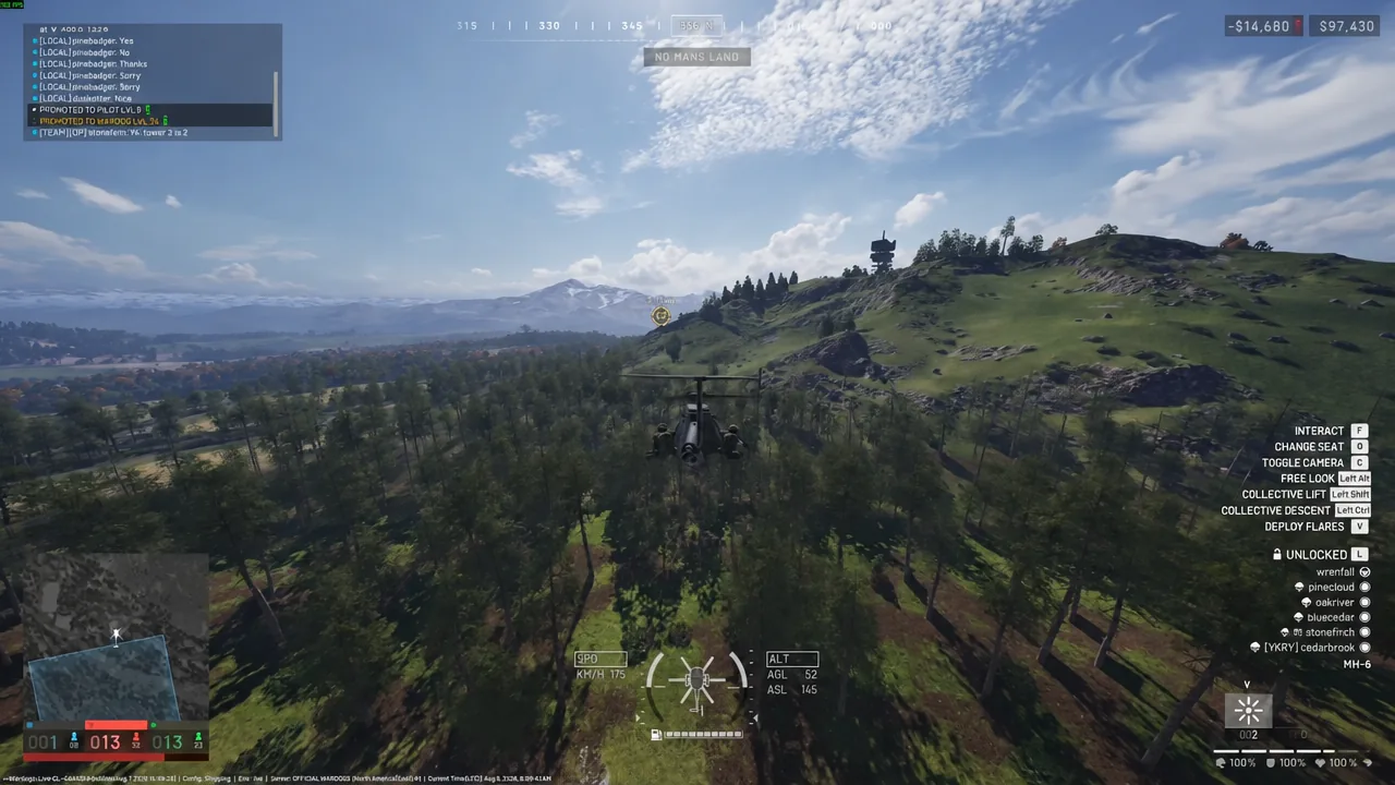 Helicopter in flight with collective and flight control indicators on the right of the screen