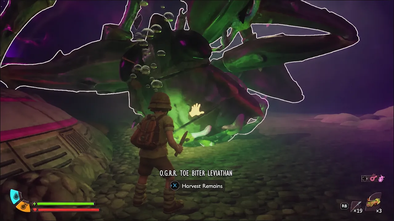 Harvest Remains prompt shown on the defeated O.G.R.R. Toe Biter Leviathan