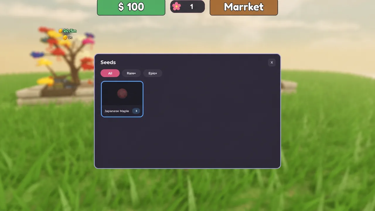 Japanese Maple seed highlighted for selection inside the Seeds menu