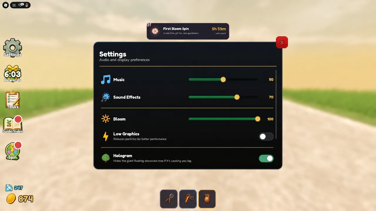 Settings screen with Music and Sound Effects sliders and the Hologram toggle