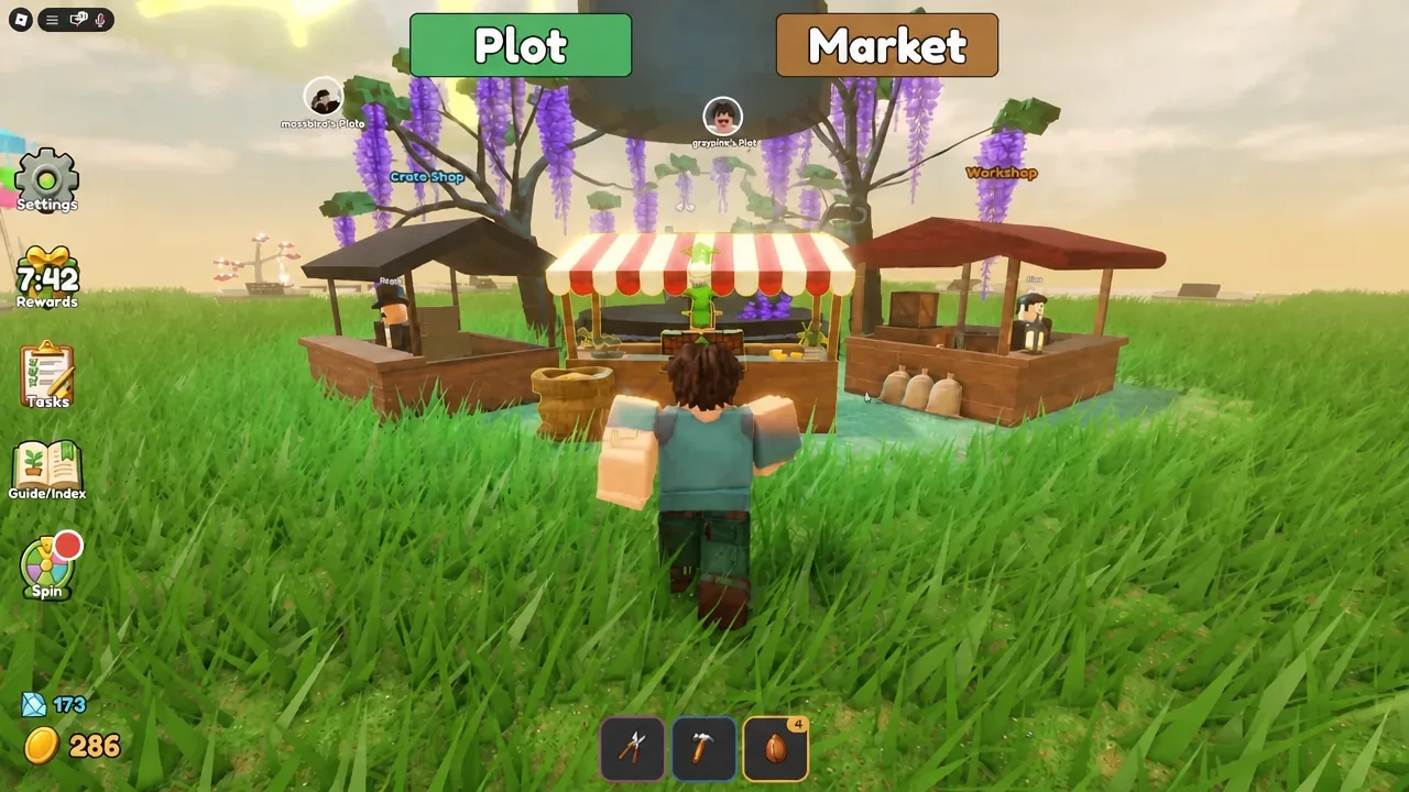 The Market button showing above the vendor stalls as the player walks up to the marketplace