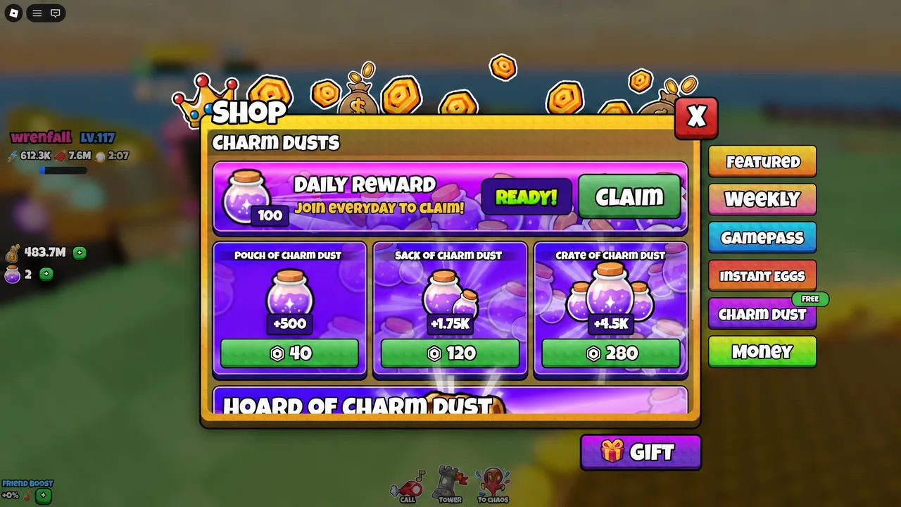 Charm Dust shop tab with the Daily Reward marked ready to claim