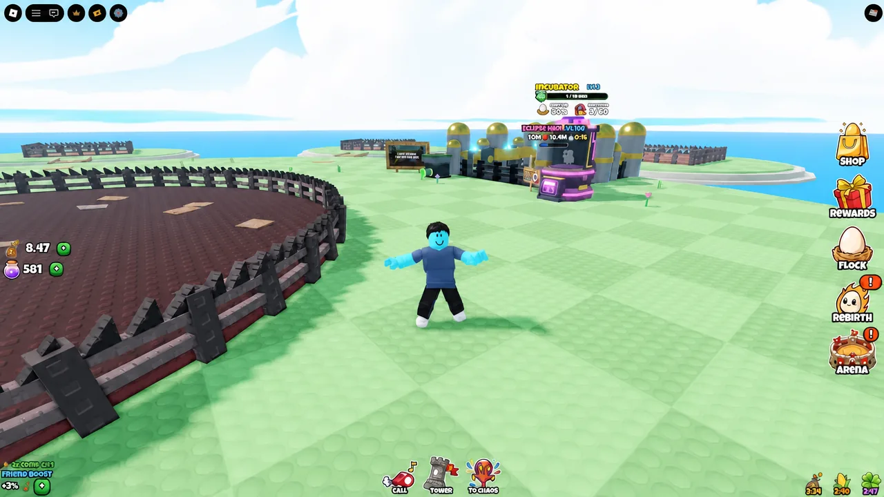 Player standing in the hub with the Shop button visible in the interface