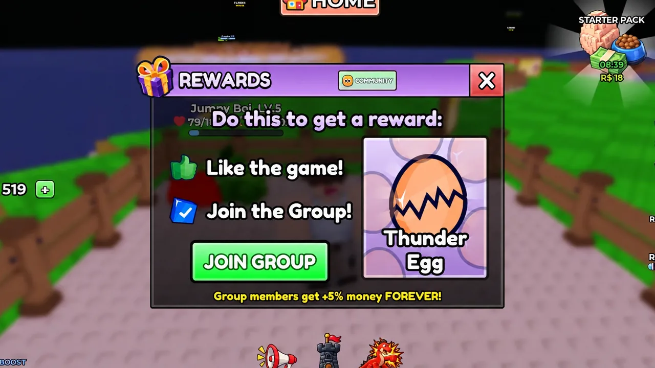 In-game rewards panel with the JOIN GROUP button highlighted for the Thunder Egg reward