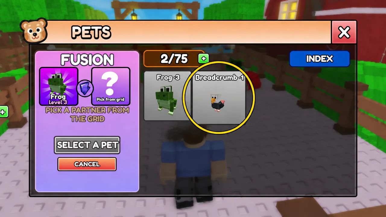 Fusion screen with the Breadcrumb pet highlighted in the grid as the fusion partner